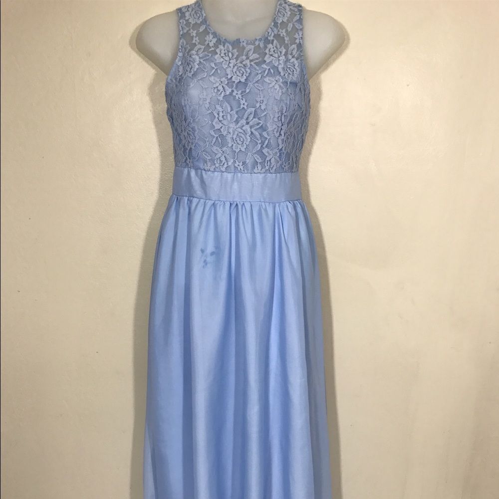Baby Blue And Lace Illusion Maxi Dress.